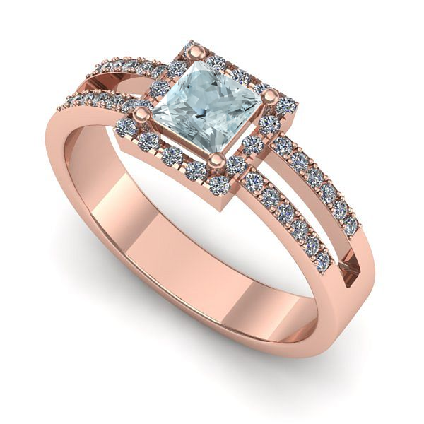 Inel logodna din aur roz cu aquamarin