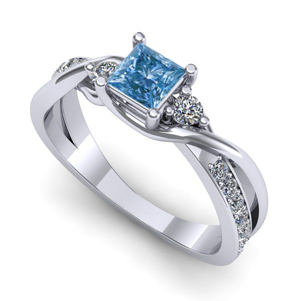 Inel logodna din aur alb cu diamant de laborator albastru