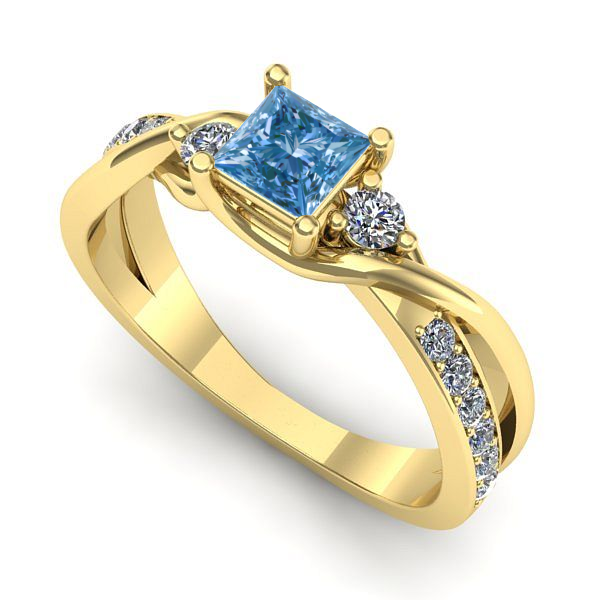 Inel logodna din aur galben cu diamant de laborator albastru