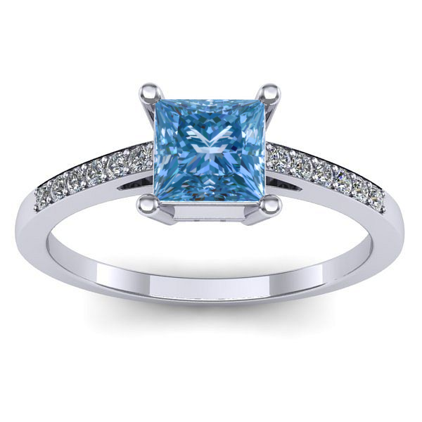 Inel cu diamant de laborator albastru patrat