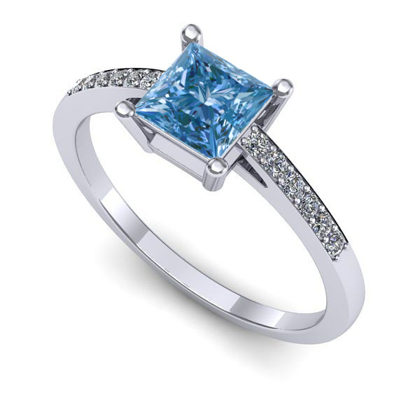 Inel logodna din aur alb cu diamant de laborator albastru