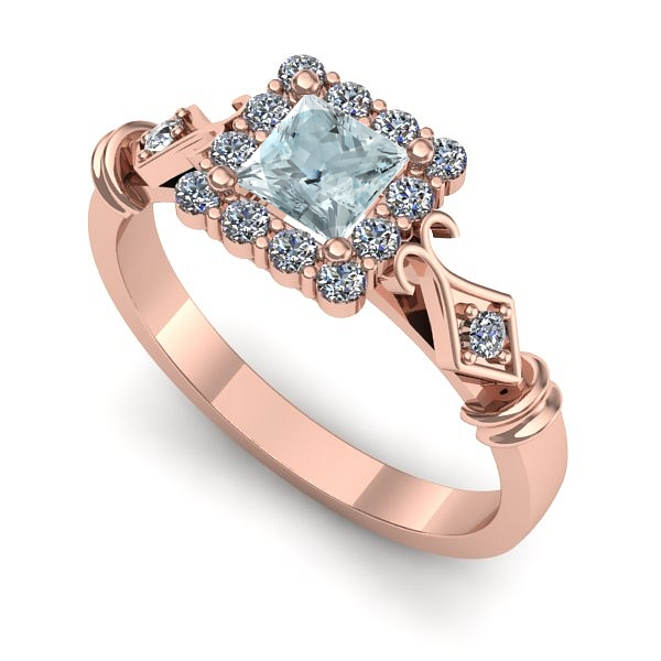 Inel logodna din aur roz cu aquamarin