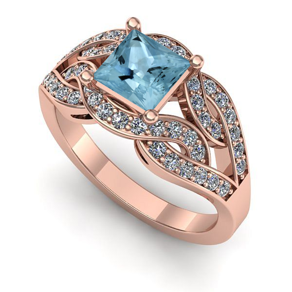 Inel logodna din aur roz cu aquamarin