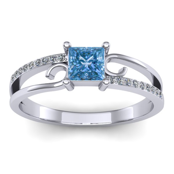 Inel cu diamant de laborator albastru patrat