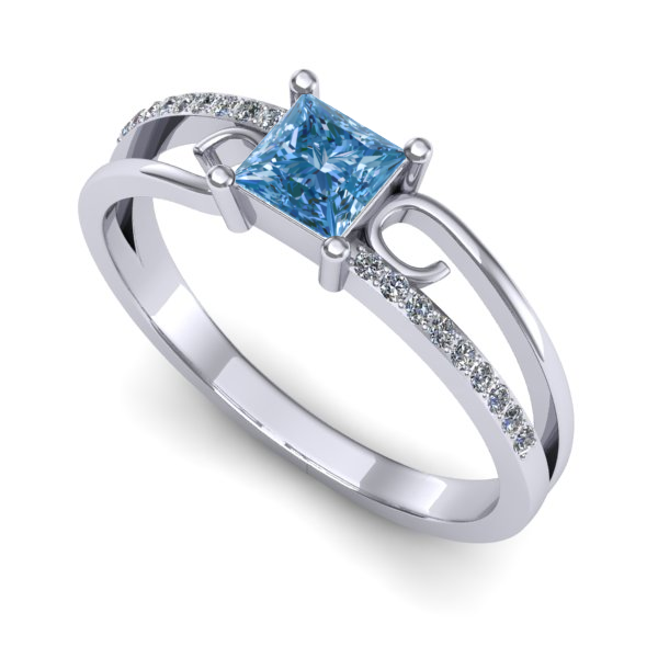 Inel logodna din aur alb cu diamant de laborator albastru