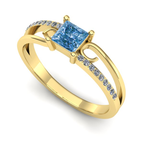 Inel logodna din aur galben cu diamant de laborator albastru