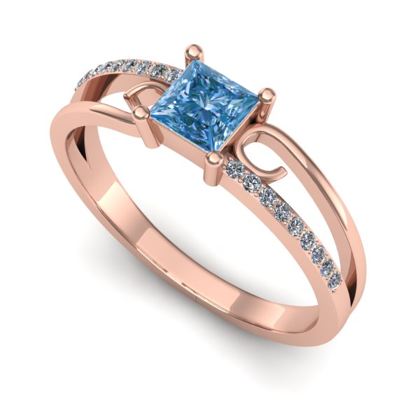 Inel logodna din aur roz cu diamant de laborator albastru