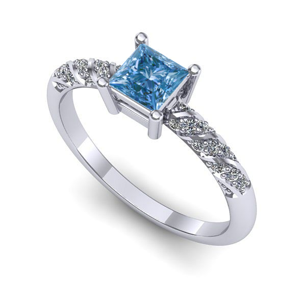 Inel logodna din aur alb cu diamant de laborator albastru
