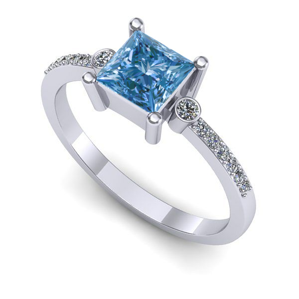 Inel logodna din aur alb cu diamant de laborator albastru