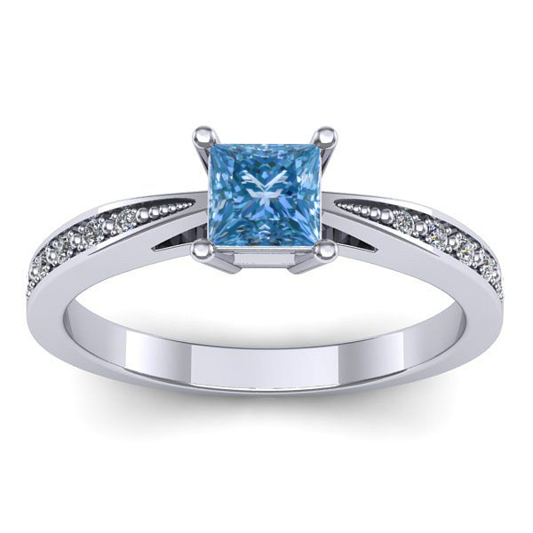 Inel cu diamant de laborator albastru patrat