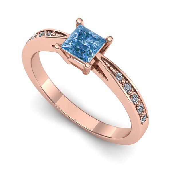 Inel logodna din aur roz cu diamant de laborator albastru