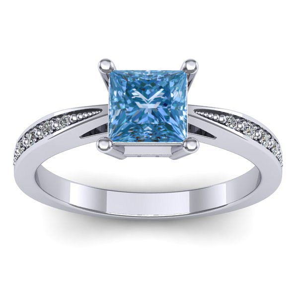 Inel cu diamant de laborator albastru patrat