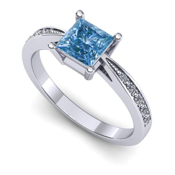 Inel logodna din aur alb cu diamant de laborator albastru