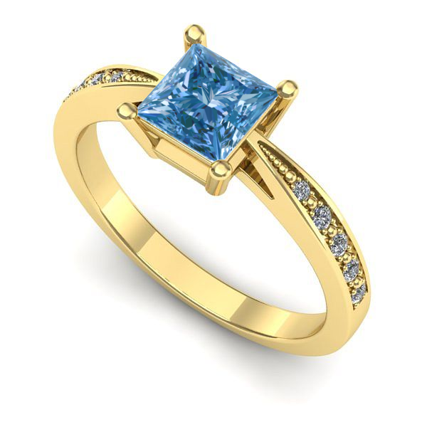 Inel logodna din aur galben cu diamant de laborator albastru